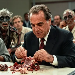 technicolor rudy giuliani in dawn of the dead, zombies eating flesh, cinestill 8 0 0 t, 1 9 7 0 s movie still, film grain