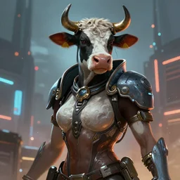 An epic cyberpunk comic book style portrait digital painty of a beautiful cow, Apex Legends Concept Art, hyperrealistic, octane render, Mass Effect, dynamic lighting