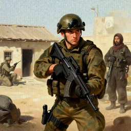 depiction of the Navy SEAL entering a house in Afghanistan background by frank miller, illustration by Ruan Jia and Mandy Jurgens and William-Adolphe Bouguereau, Artgerm, 4k, digital art, surreal, space dandy style, highly detailed, godsend, artstation, digital painting, concept art, smooth, sharp focus, illustration by Ruan Jia and Mandy Jurgens and William-Adolphe Bouguereau,