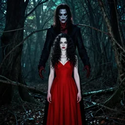 joshua middleton, brandon woelfel, full body, pretty alyson hannigan, evil dead demon, evil dead movie, red dress, symmetrical eyes, symmetrical face, long curly black hair, trees, forest, branches, cinematic lighting, evil dead creature, scary, blood