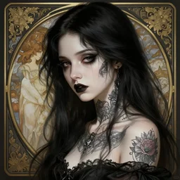 portrait of a sad goth girl with tattoo, intricate, elegant, highly detailed, digital painting, artstation, concept art, smooth, sharp focus, illustration, art by artgerm and greg rutkowski and alphonse mucha and william - adolphe bouguereau