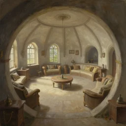 painting of an interior of a hidden ring - shaped living quarters overlooking the great room, well maintained, clean, medieval, fantasy genre, natural light, fantasy, natural light, concept art, by greg rutkowski and craig mullins, cozy atmospheric and cinematic lighting, trending on artstation