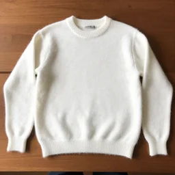 realistic photo of a white fluffy hairy sweater, straight laying on a wooden desk 1 9 9 0, life magazine reportage photo, natural colors
