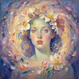 Flower storm portrait, vortex of petals and radiant light, in the style of Jenny Saville, impressionistic brushwork