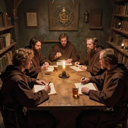 a group of christian priests playing dungeons&dragons sitting around a table in 90's basement by artgerm and Craig Mullins, James Jean, Andrey Ryabovichev, Mark Simonetti and Peter Morbacher 16k