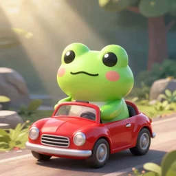 cute chibi frog driving a red little cartoon car anime