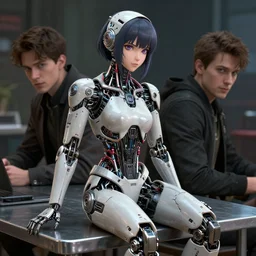 broken [ cyborg girl ] by tom bagshaw, sitting on a metal table by ilya kuvshinov, rtx rendering in the style of tv series arcane, netflix, maya, extreme high intricate hyperrealistic details by wlop, digital anime art by ross tran, medium shot, close up shot, composition by sana takeda, dramatic lighting by greg rutkowski