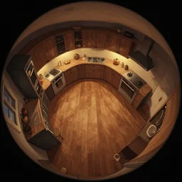 fisheye spiral lines, naive, extra narrow, detailed illustration of a nightly kitchen, large floor, dimly lit by rhads, trending artstation, wood texture