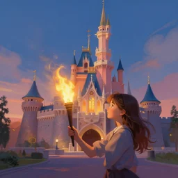 a matte painting of a girl in cernobyl disneyland castle by frank lloyd wright and zaha hadid torch volume light stylized illustration digital airbrush painting, 3 d rim light, hyperrealistic masterpiece, artstation, cgsociety, kodakchrome, golden ratio