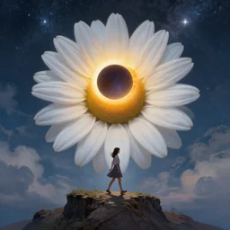 giant white daisy flower face, girl walking on cliff, surreal photography, solar eclipse, milky way, dramatic light, impressionist painting, clouds, digital painting, artstation, james gilleard and liam wong and jeremy mann