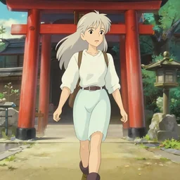 a beautiful blond silver hair young woman walking around in Japan in the style of Studio Ghibli and Makoto Shinkai