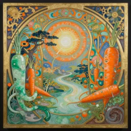 dreamlike japanese garden fantasycore , glossy painting, Art Nouveau Cosmic 4k Detailed Matte Illustration featured on Getty Images ,CGSociety, Jade and Carrot orange color scheme, Pastiche by Marc Simonetti, Pastiche by Cedric Peyravernay