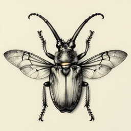 a long horn beetle with ornamented wings, drawing, dot art, charcoal art, serigraphy, ink, soviet art, monochrome, desaturated, high contrast, 8 k, dot, line, bezier curve