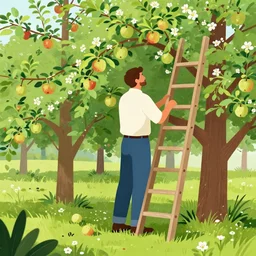 editorial illustration portrait of a man working in a apple orchard, apples, flowers, lush, ladder against tree, mads berg, christopher balaskas, victo ngai, rich grainy texture, detailed, dynamic composition, colorful, wide angle, unreal engine, kurzgesagt, matte print, screen print, ( ( dither ) )