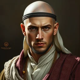 bald young man in arabic noble dress, conleth hill face, shaved face, highly detailed oil painting, masterpiece protrait, top lighting, realistic shaded, 8 k realistic, hyper detailed, digital painting fantasy character portrait
