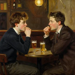 attractive bradley james and attractive colin morgan go to a pub together to have some drinks. highly detailed painting by gaston bussiere, craig mullins, j. c. leyendecker 8 k