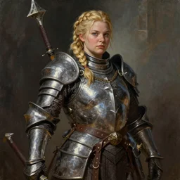 A noble female dwarven warrior and blacksmith wearing heavy iron breastplate. Chubby plump body. complex blonde braided hair. Fantasy concept art. Moody Epic painting by jeff easley, and donato giancola. ArtstationHQ. painting with Vivid color. (Dragon age, witcher 3, lotr)