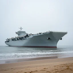 on a foggy morning, a huge aircraft carrier was stranded on the beach, by craig mullins