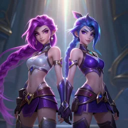star guardian xayah and star guardian kai'sa are friends, league of legends, by weta digital, 3 - dimensional, rays of shimmering light