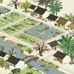 Traditional Chinese painting. a small bridge, several cottages, with a stream flow. peach blossom.  Flat and wide land with neat rows of houses. Fertile fields, beautiful ponds, and mulberry and bamboo forests. happy and comfortable