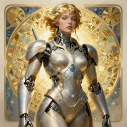 realistic detailed portrait of a humanoid mecha cyberpunk! goddess by Alphonse Mucha and Charlie Bowater and art germ, rule of thirds, golden ratio, Art Nouveau! cyberpunk! style, mechanical accents!, mecha plate armor, glowing LEDs, flowing wires with leaves, art nouveau accents, art nouveau patterns and geometry, rich deep moody colors