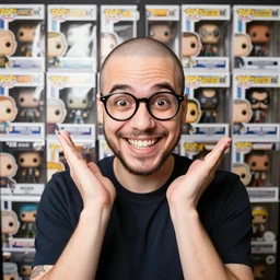 a happy nerd with hair remission guy impressed in front of his collection of funko pop, realistic