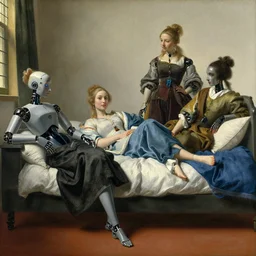 beautiful female robots lounging in a bedroom, enticing colorful oil painting balthasar van der ast. roeland savery. adriaen van de velde. adriaen pietersz van de venne. pieter claesz. salomon van ruysdael. abraham ( sturckenburch ) storck. jan ( the elder ) van kessel. dutch golden age van