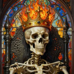 breathtaking detailed soft close up painting a skeleton and a crown on her head an intricate metal throne, art nouveau crown of embers, rembrandt style, detailed art nouveau stained glass of flames, highly detailed, artstation, concept art, matte, sharp focus, art by tom bagshaw, artgerm and greg rutkowski