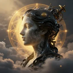 epic illustration, abstract sculpture of beautiful female face silhouette and black swirling liquifying acrylic portrait, fluffy clouds, mechanical superstructure, sacred geometry, glowing edges, golden hour, beautiful light, sculpture of carving marble, dark colors, dark mood, one point light, golden spirals, clockwork, epic matte painting, concept art, bokeh, digital painting, artstation