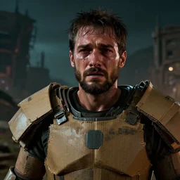 epic portrait cinematic shot an male survivor in a cardboard armor crying, tears, sweaty skin, shiny skin, beard, sad, depressing, apocalyptic backround, fine details. night setting. realistic shaded lighting poster by craig mullism, artgerm, jeremy lipkin and michael garmash, unreal engine, radiant light, detailed and intricate environment, digital art, trending on art station,
