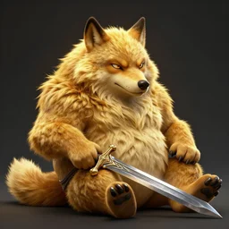 cute handsome cuddly burly surly relaxed calm timid werewolf from van helsing holding a sword unreal engine hyperreallistic render 8k character concept art masterpiece screenshot from the video game the Elder Scrolls V: Skyrim deep vibrant gold