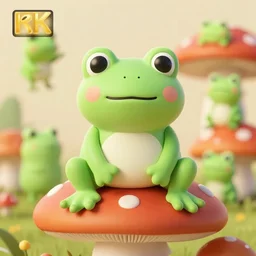 photo of a cute frog, sitting on a mushroom, various poses, plushy, soft light, faded colors, well framed, sharp focus, 8 k