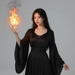 Who : a sorceress with black clothed casting a fire ball; Physical : Kelsi Monroe body ; IMPORTANT : Hearthstone official splash art, Heartstone original art style, award winning