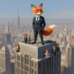 an anthropomorphic fox in a business suit standing on top of a massive skyscraper, detailed artwork, art by aaron miller, greg rutkowski, thomas kinkade, vincent callebaut, howard pyle, disney, el greco, cynthia sheppard