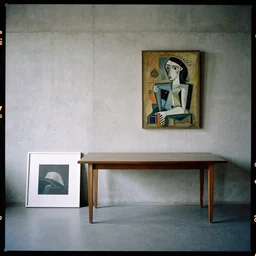 kodak portra 4 0 0, 8 k, wide flashlight shot of a highly detailed, britt marling style, award winning colour still - life portrait of a large minimalistic room with rough concrete walls, a picasso painting, a square wall picture is leaning on the wall, a 1 9 5 0 s table, a 1 9 5 0 s table