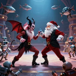 Satan fighting against Santa in an arena surrounded by fish and robots.