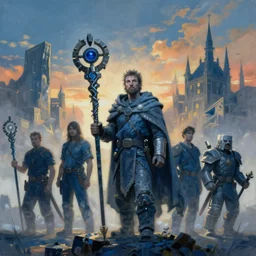 full scenery painting of a genetic combination between skyrim & minecraft, holding a ceremonial staff, wearing a cloak, zdzislaw beksinski, lewis jones, dariusz zawadzki, wayne barlow, warhammer fantasy, cold hue's, warm tone gradient background, concept art, 4 k, ultra - high - definition