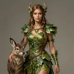 a woman druid wearing leaf and vine themed clothing, fully clothed, pet animal, D&D, fantasy, intricate, cinematic lighting, highly detailed, digital painting, artstation, concept art, smooth, sharp focus, illustration, art by Artgerm and Greg Rutkowski and Alphonse Mucha, subject in the middle of the frame