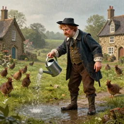 Gulliver using a watering can to drop rain in the Lilliputian town of London, nineteenth century, photorealistic, f16, rendered in octane