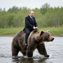 vladimir putin riding a bear crossing a river