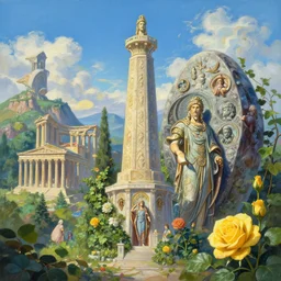 painting of Atlantis zeus tower statue and hill valley grec temple of olympus glory ivy plant grow flower ,yellow rose, in marble incrusted of legends heartstone official fanart behance hd by Jesper Ejsing, by RHADS, Makoto Shinkai and Lois van baarle, ilya kuvshinov, rossdraws global illumination