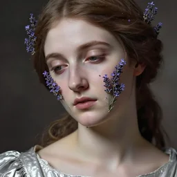 hyperrealism close - up mythological portrait of a medieval woman's shattered face partially made of lavender flowers in style of classicism, pale skin, wearing silver dress, dark and dull palette