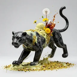 mixture of pistachio ice cream, black marble, dandelions and coca cola being thrown around by centrifugal forces into the shape of a panther, brilliant museum sculpture, award winning photo, 4k