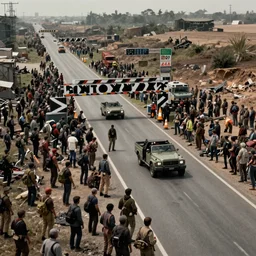 highly detailed war photograph of a highway checkpoint surrounded by climate migrants, cinematic, realistic, surreal, intricate, digital art, ambient, by darek zabrocki, industrial art style, 3 5 mm film grain, artstation