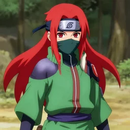 a redheaded female ninja wearing green and red drawn in the style of the anime naruto by masashi kishimoto