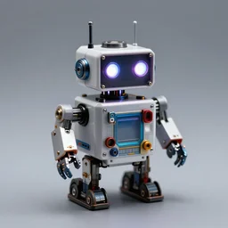 close up portrait photo of mini robot made of spare electric parts and glowing nixie minimal liminal design