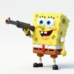 high detail full body shot of spongebob squarepants shooting a machine gun with muzzle flash, cinematic framing, cinematic light, hard shadows, in the style of lone survivor,