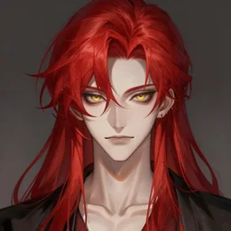 portrait of hisoka morow hunter hunter, male, pale thin lips, sharp jaw yellow eyes narrow sultry eyes red hair soft hair swept back crimson medium length hair, anime, fantasy, intricate, elegant, highly detailed, digital painting, artstation sharp focus, madonna rebel heart art by artgerm and ruan jia and ross tran