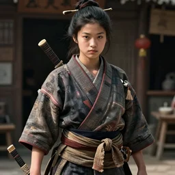 detailed ultrarealistic photography of rustic robust street warrior japanese girl, greg rutkowski, greg hildebrandt cinematic, full shot