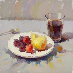 oil painting of breakfast with berries and coffee, glassware, thick strokes, vibrant, colorful, reflective